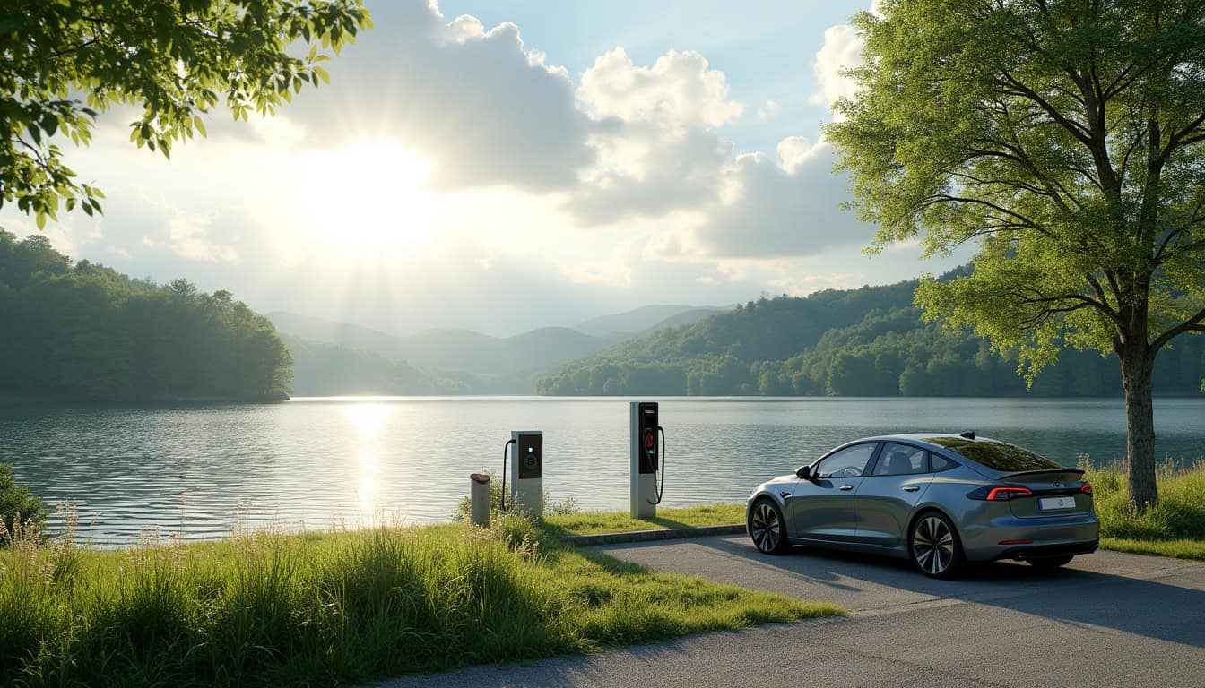 Station de recharge pour voiture électrique située au lac de Bournazel près de Seilhac