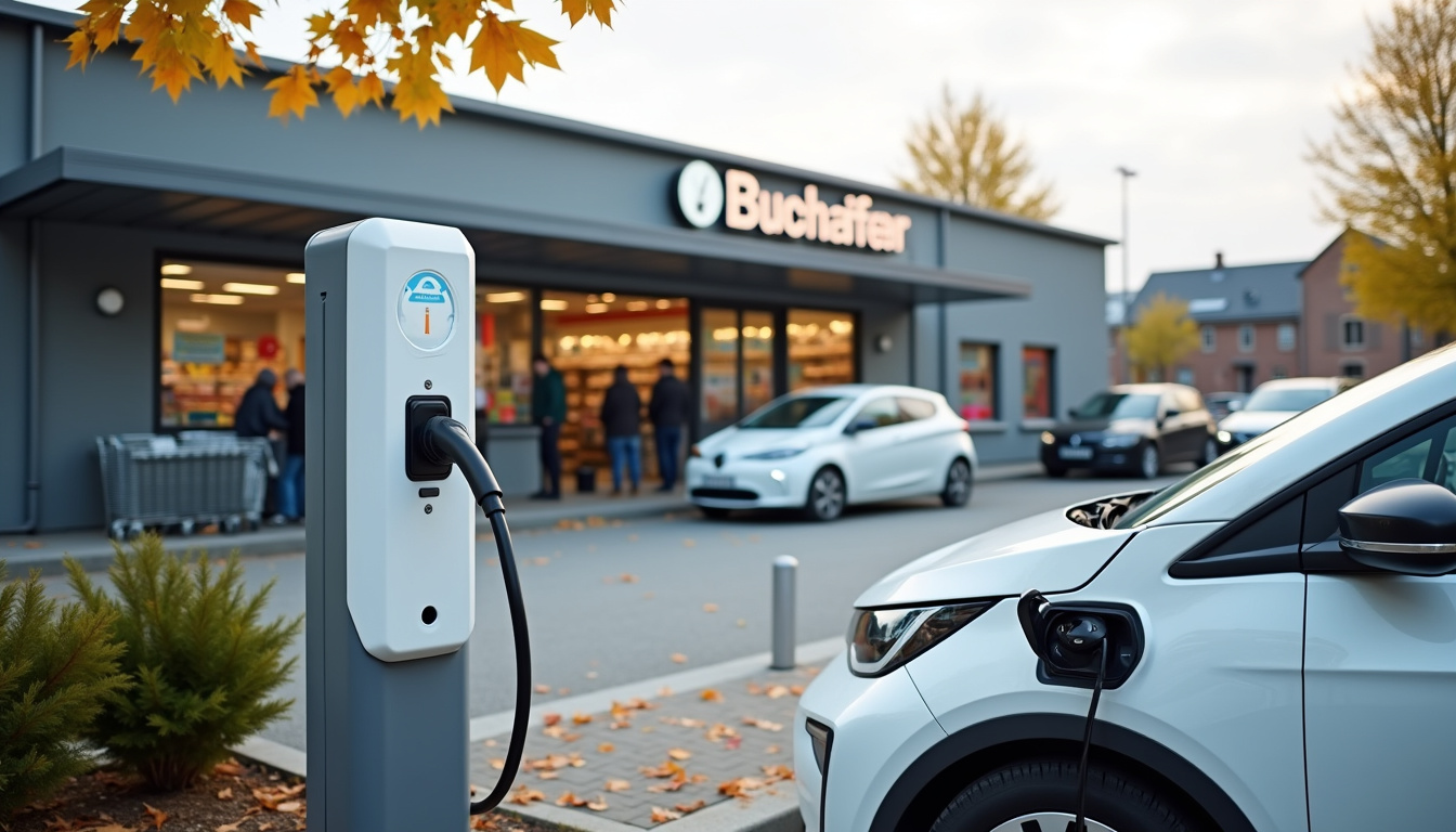 Station de recharge publique devant un supermarché à Bretenoux