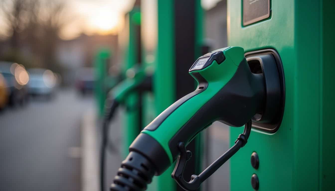 Station de recharge publique Ouest Charge sur la route de Rosporden à Saint-Évarzec, équipée de bornes CCS et Type 2
