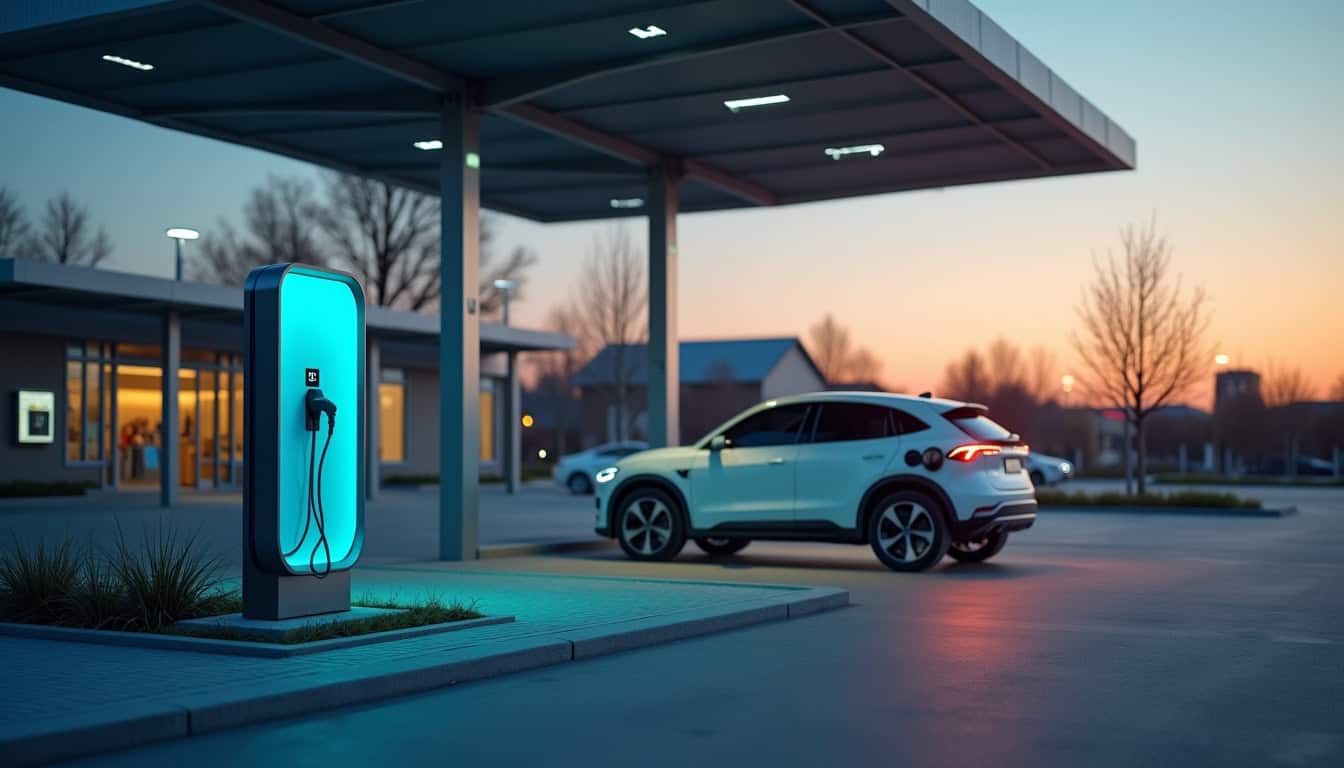 Station de recharge publique pour voiture électrique à Wattrelos, située près d'un supermarché