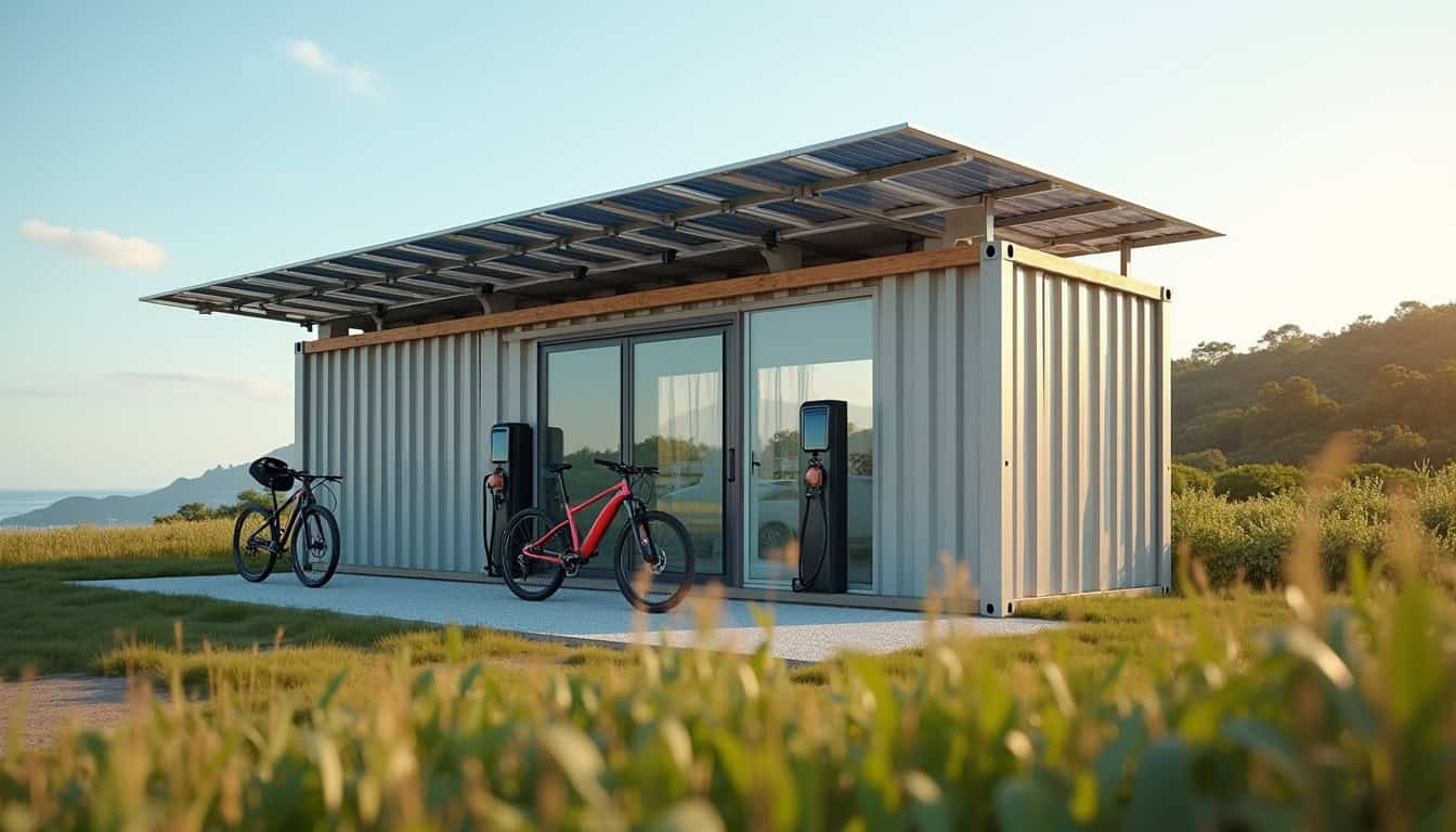 Station REV installée à Locquirec, composée d'un conteneur maritime recyclé avec panneaux solaires et bornes de recharge