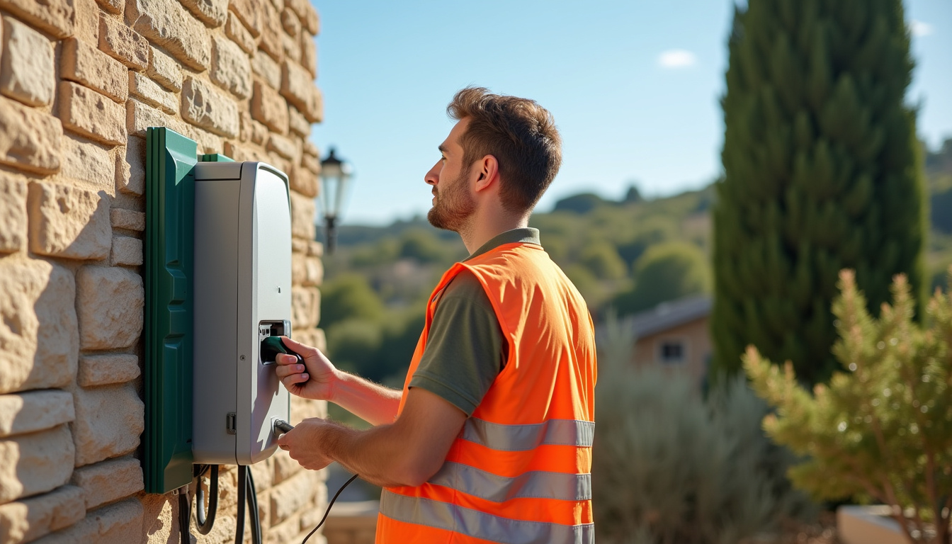 Technicien certifié IRVE en train de poser une borne de recharge à Carpentras