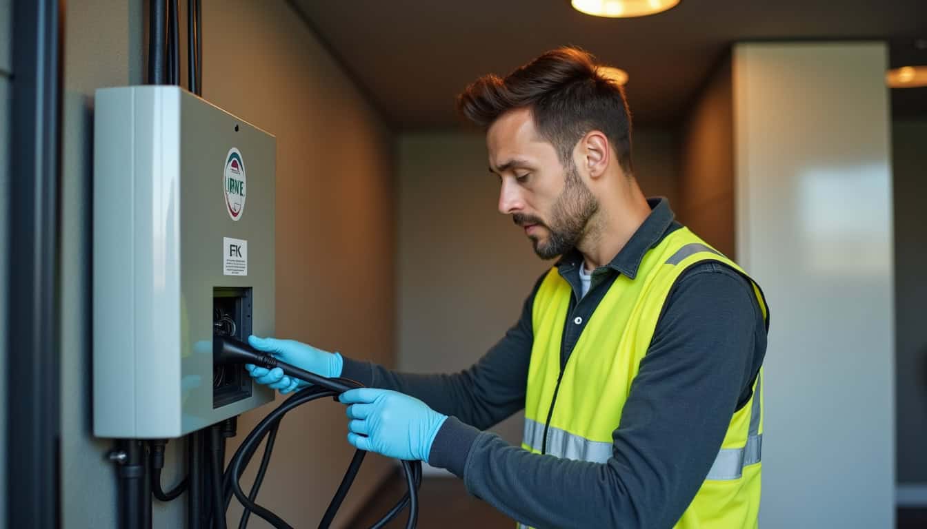 Technicien certifié IRVE en train de raccorder une borne de recharge au tableau électrique d'une maison à Taulé