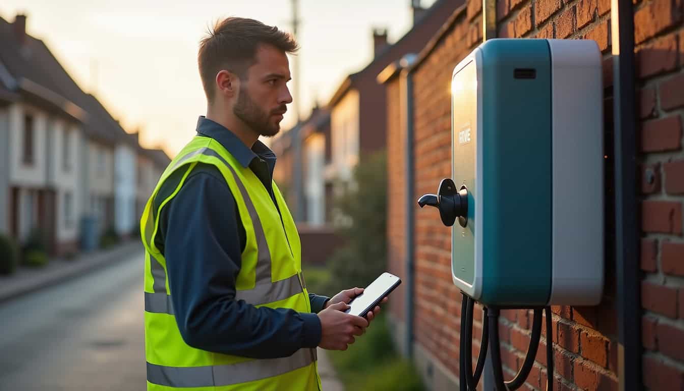 Technicien certifié IRVE en train de tester une borne de recharge à Wasquehal