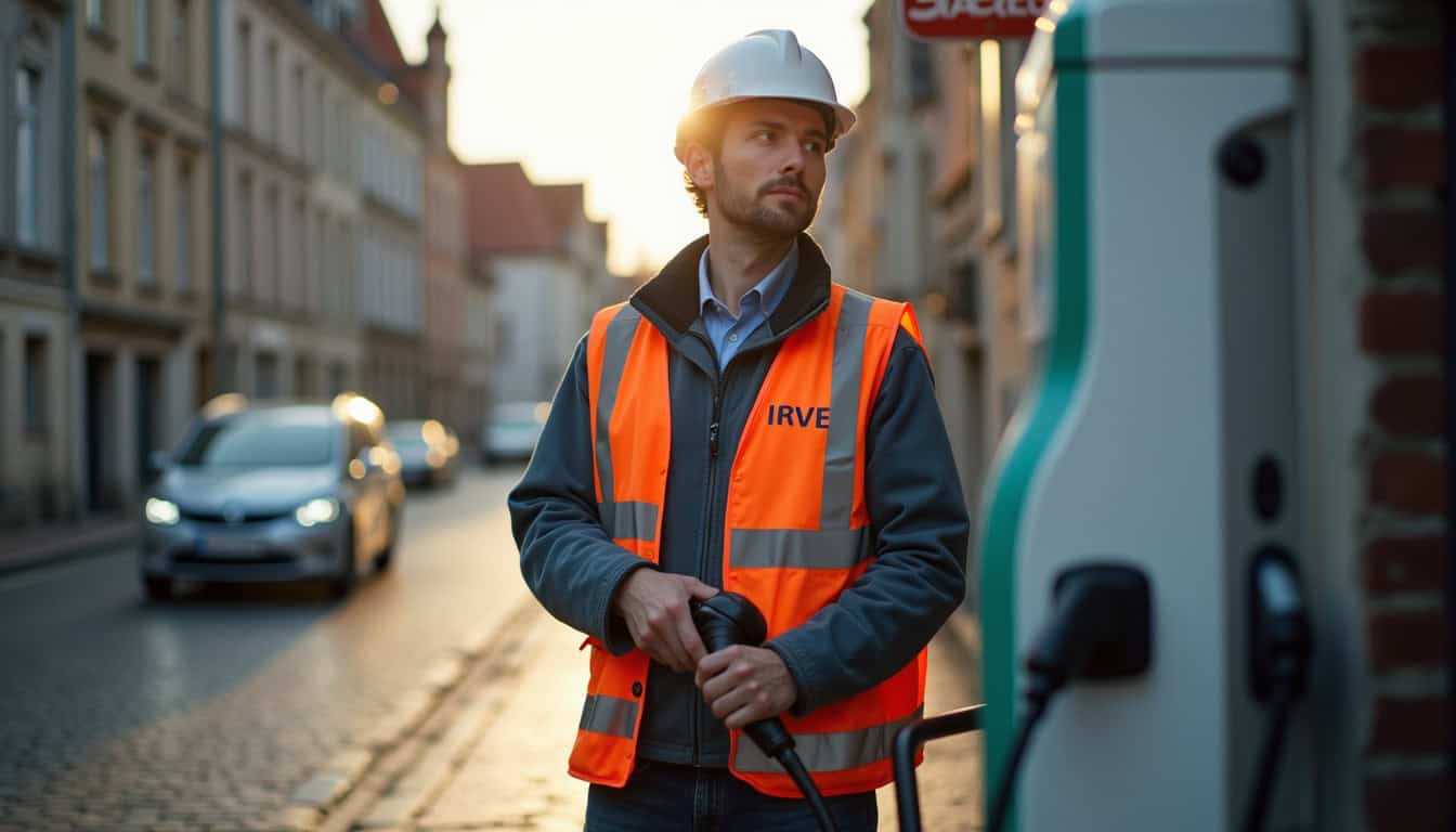 Technicien certifié IRVE en train de tester une borne électrique à Bruges