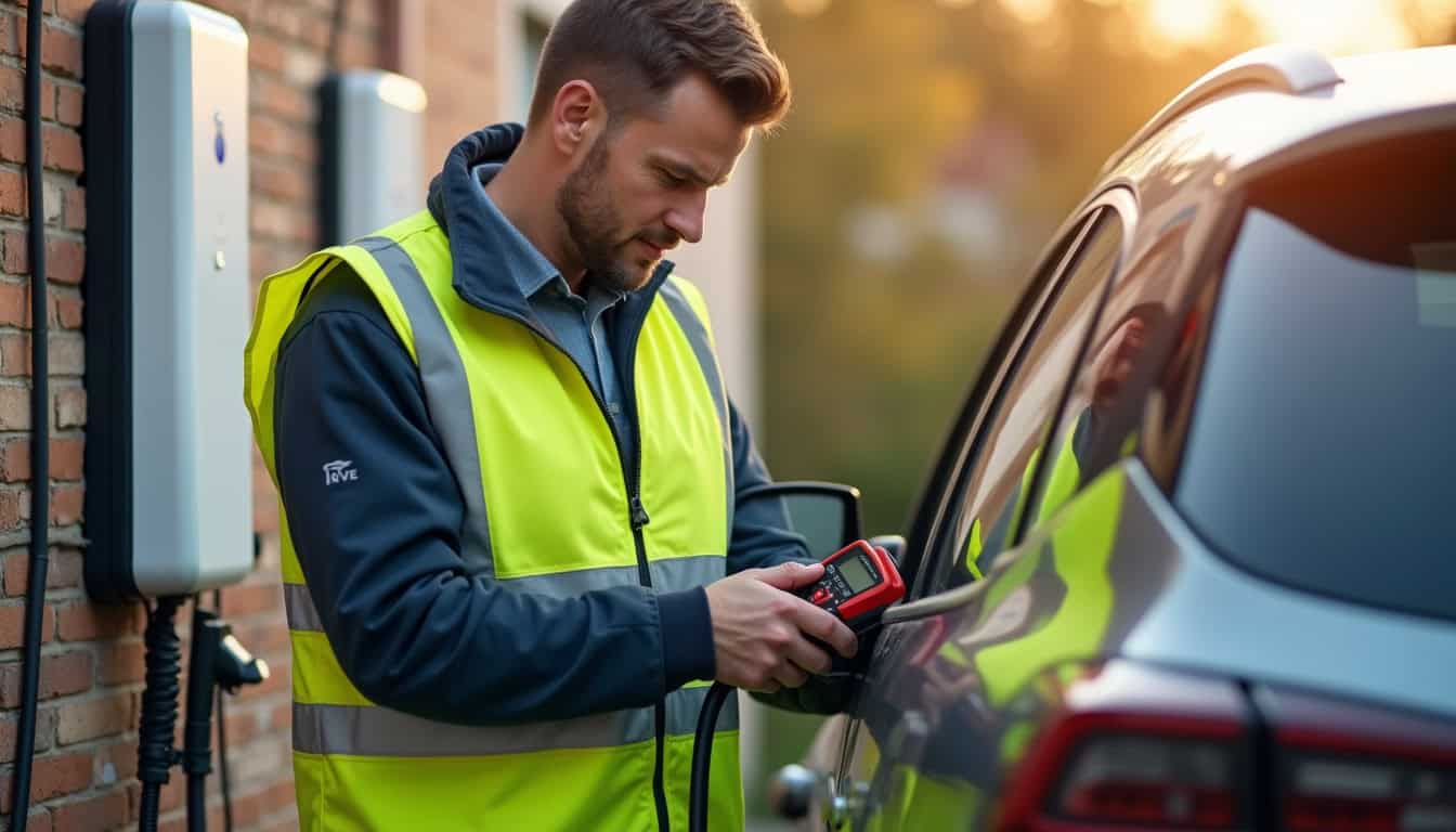 Technicien certifié IRVE en train de vérifier le bon fonctionnement d'une borne de recharge nouvellement installée