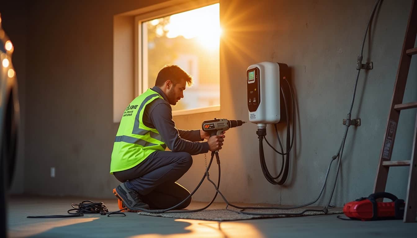 Technicien certifié IRVE en train d'installer une borne à Coulombs