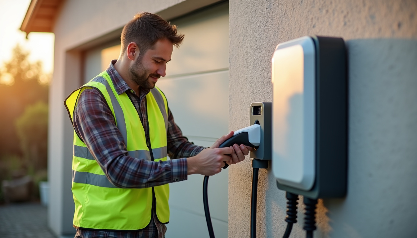 Technicien certifié IRVE en train d'installer une borne de recharge à Bazainville