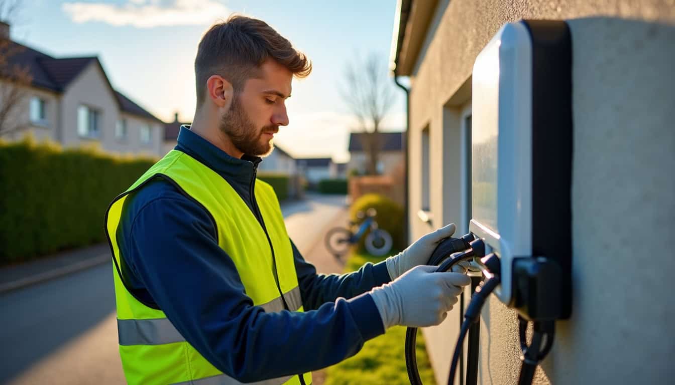 Technicien certifié IRVE en train d'installer une borne de recharge à Briare
