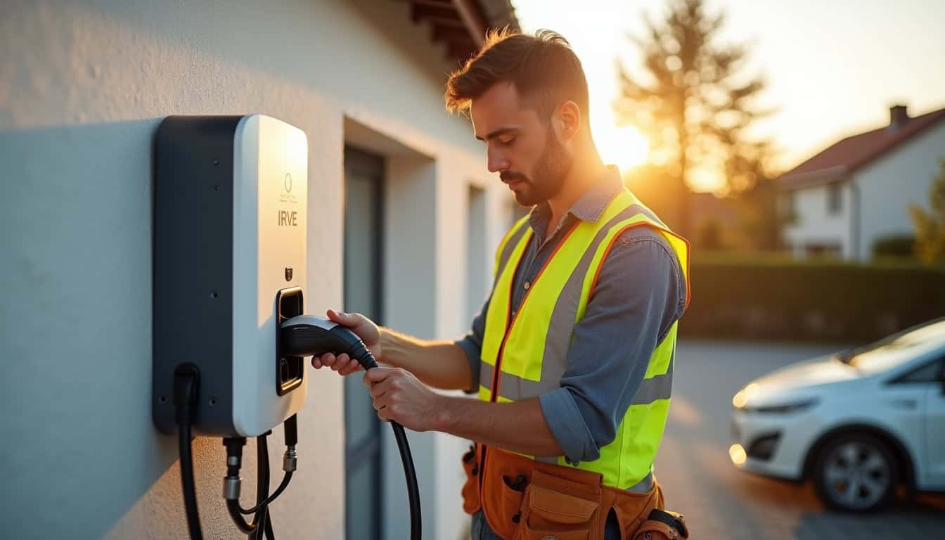 Technicien certifié IRVE en train d'installer une borne de recharge à Férin