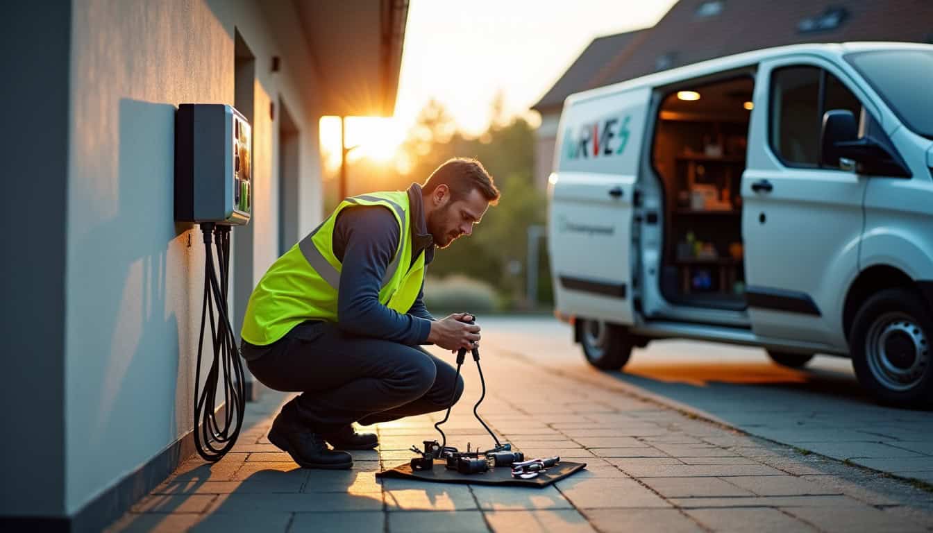 Technicien certifié IRVE en train d'installer une borne de recharge à Freyming-Merlebach