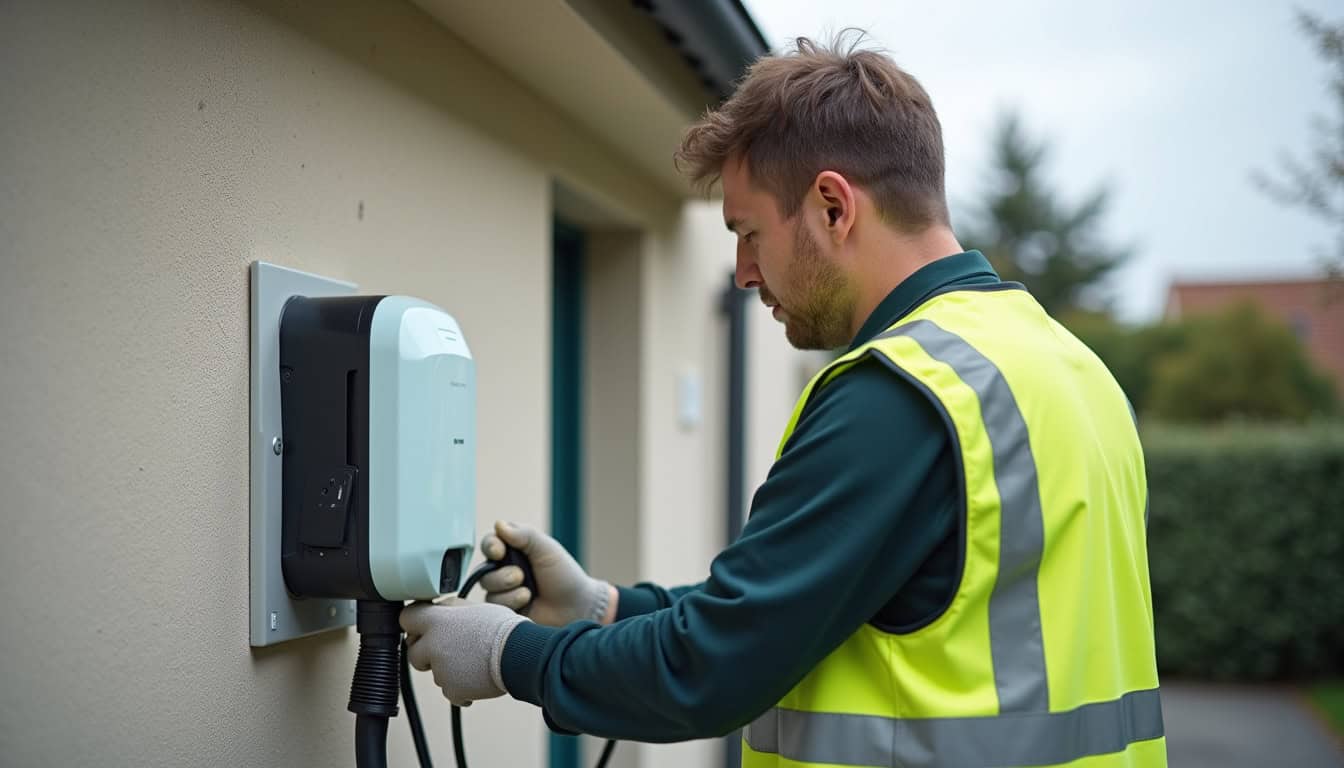 Technicien certifié IRVE en train d'installer une borne de recharge à Guiche