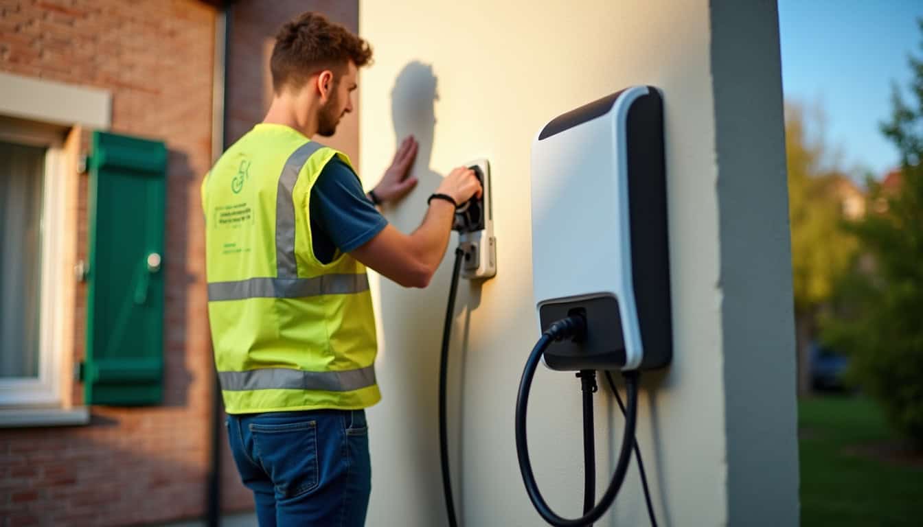 Technicien certifié IRVE en train d'installer une borne de recharge à Les Essarts-le-Roi