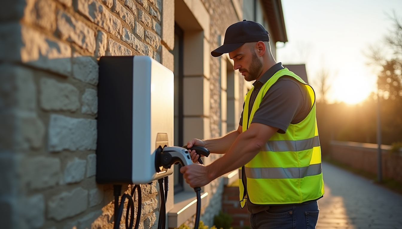Technicien certifié IRVE en train d'installer une borne de recharge à Longchaumois