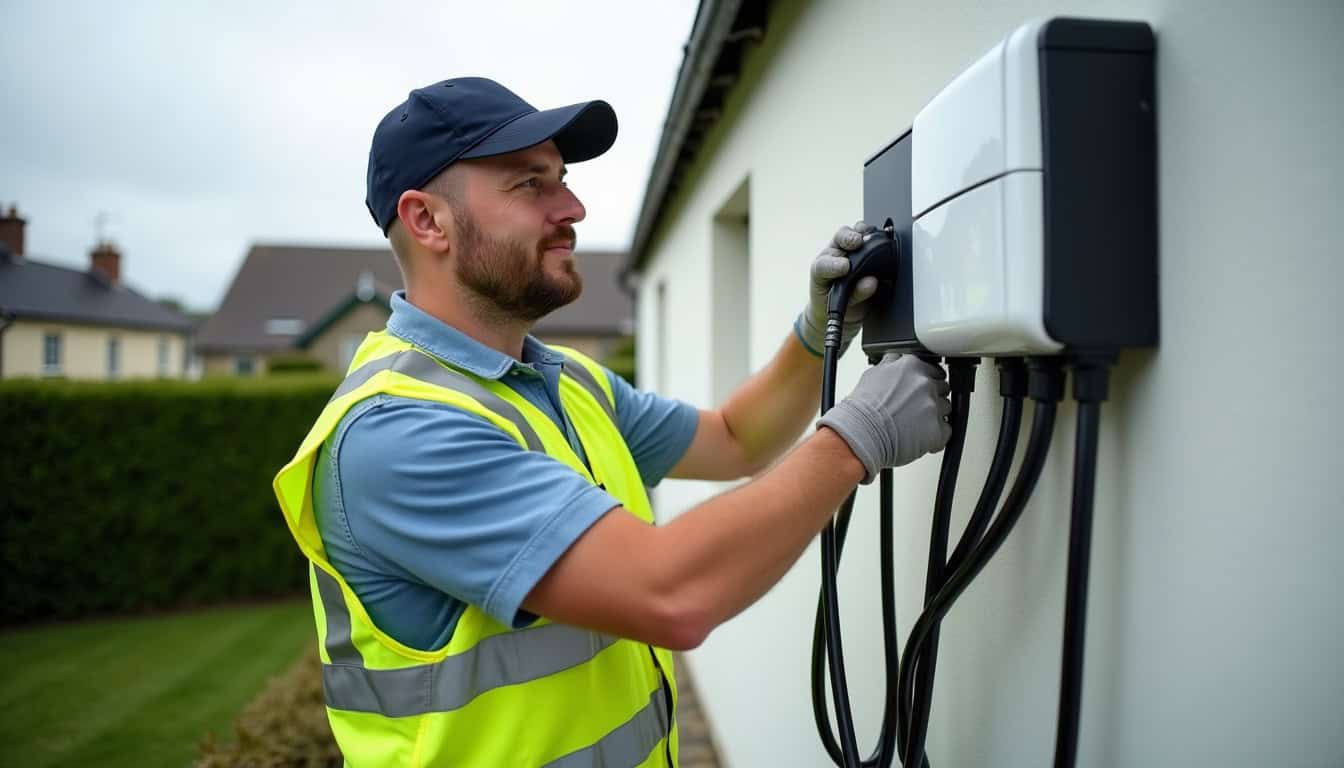 Technicien certifié IRVE en train d'installer une borne de recharge à Ploumagoar