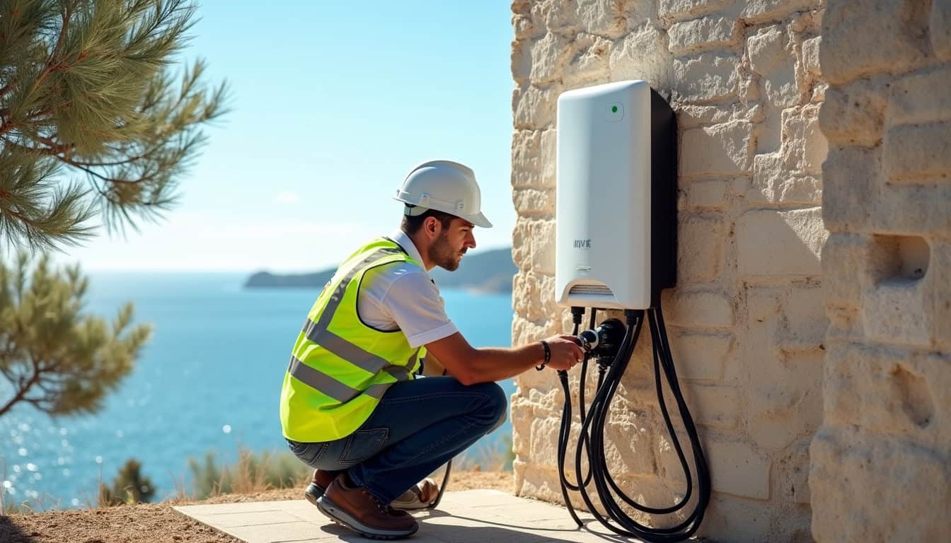 Technicien certifié IRVE en train d'installer une borne de recharge à Roquebrune-Cap-Martin