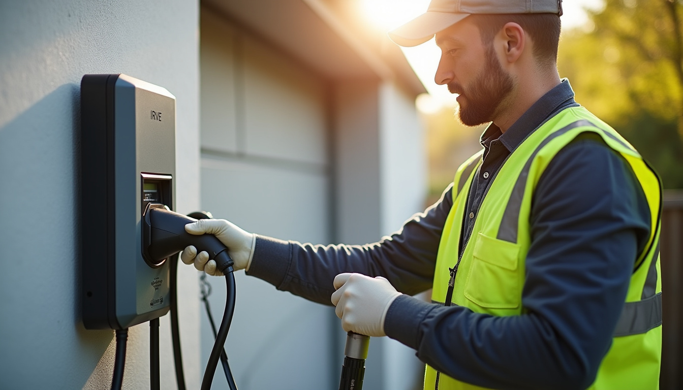 Technicien certifié IRVE en train d'installer une borne de recharge à Rosières