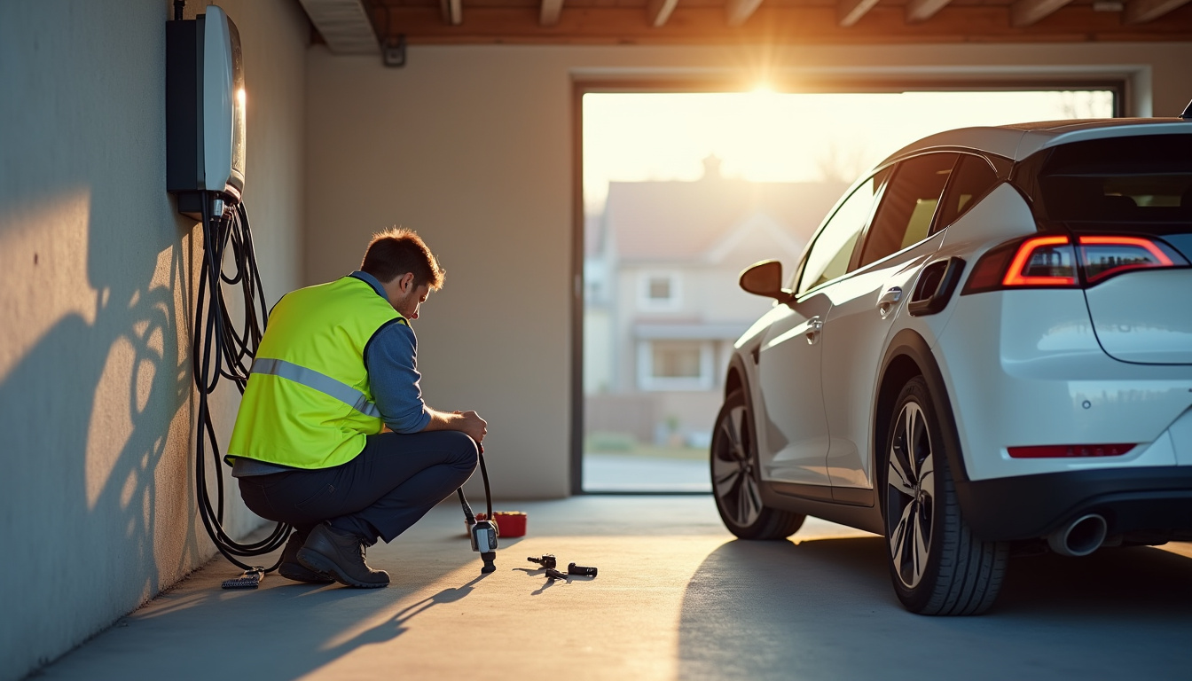 Technicien certifié IRVE en train d'installer une borne de recharge dans un garage à Rive-de-Gier