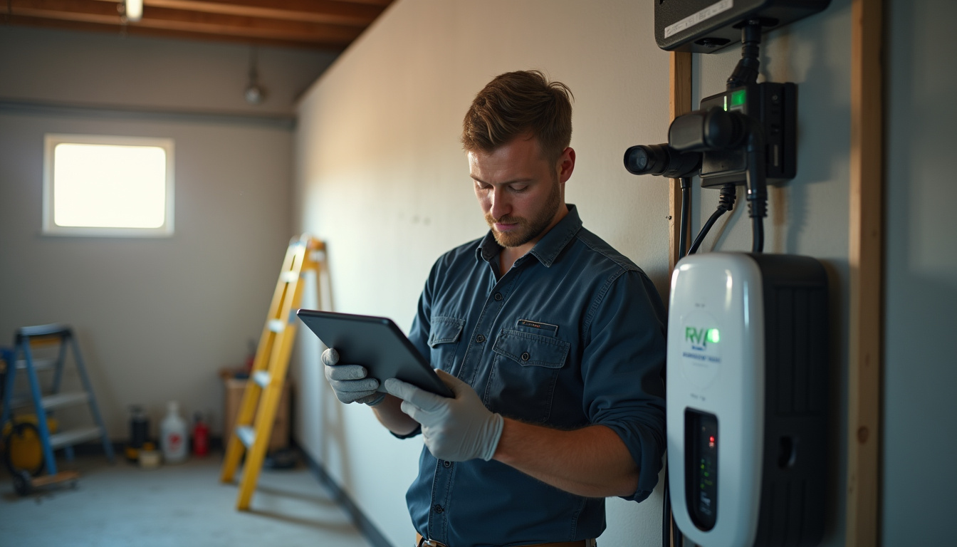 Technicien certifié IRVE en train d'installer une borne de recharge dans un garage à Romanswiller