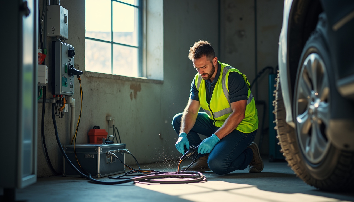 Technicien certifié IRVE en train d'installer une borne de recharge dans un garage à Saint-Jeoire-Prieuré, avec outils et câblage électrique visible