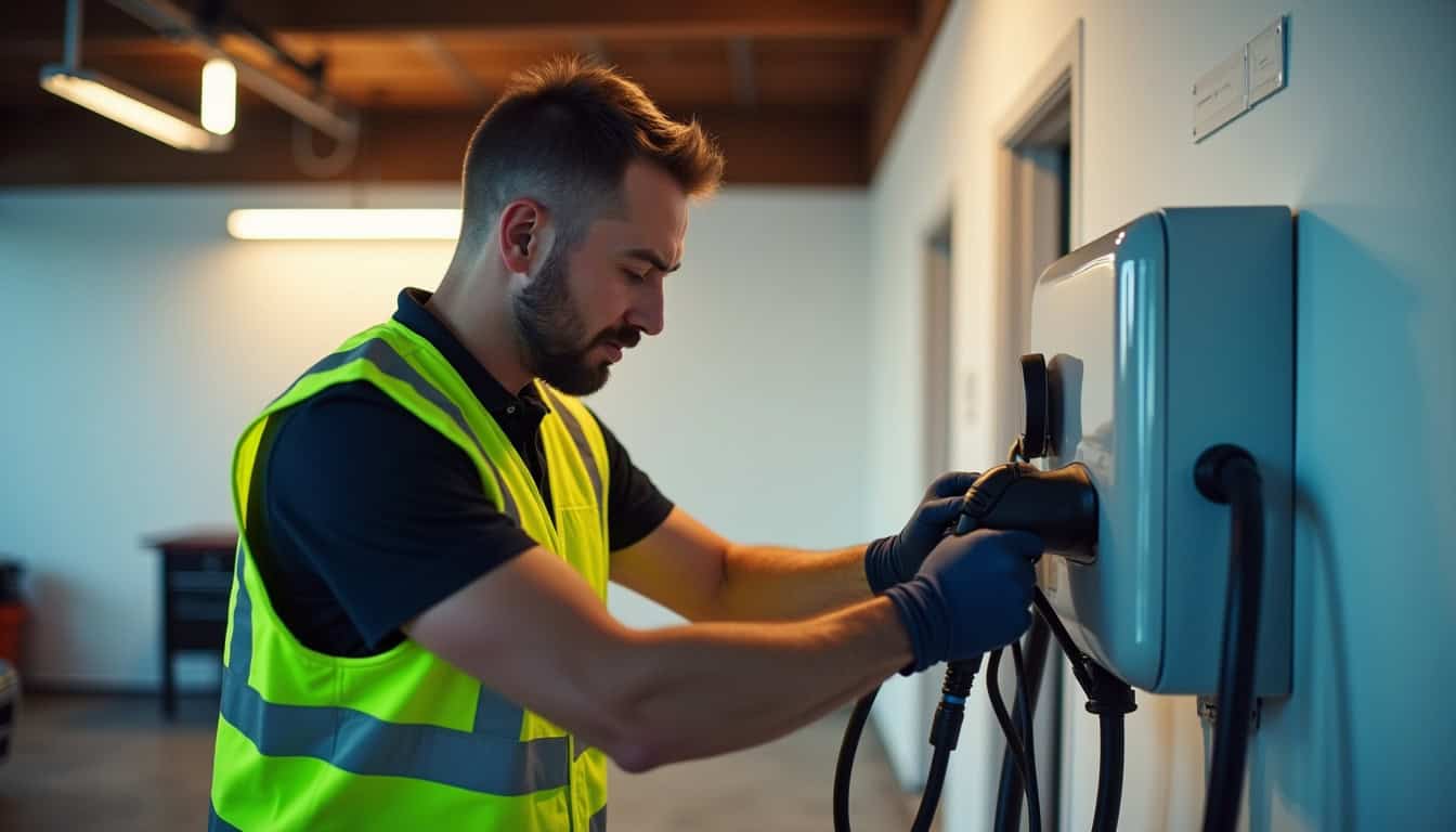 Technicien certifié IRVE en train d’installer une borne de recharge dans un garage privé