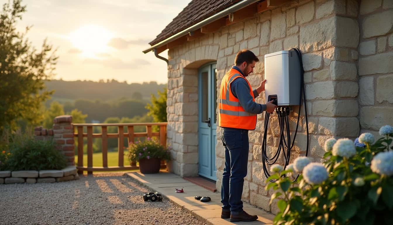 Technicien certifié IRVE en train d'installer une borne de recharge dans une maison du Calvados