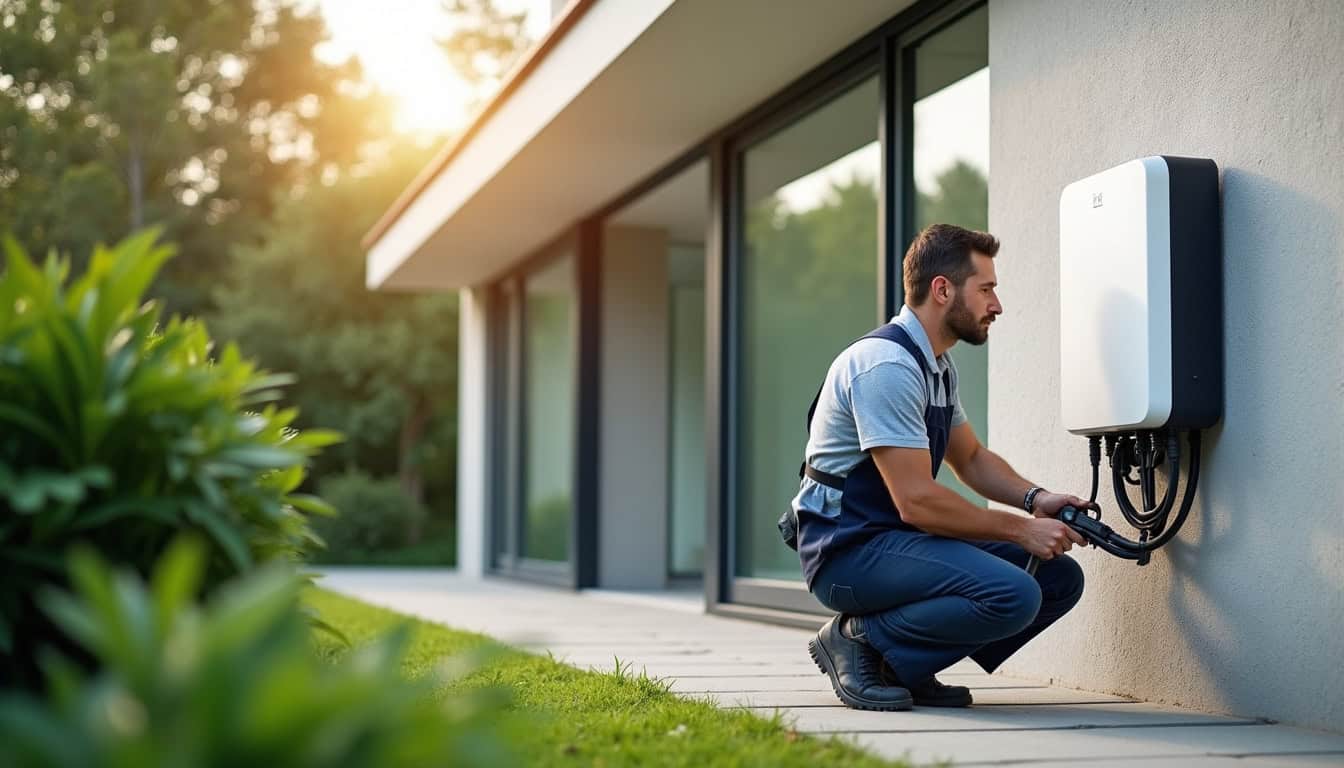 Technicien certifié IRVE en train d'installer une borne de recharge dans une propriété à Mios