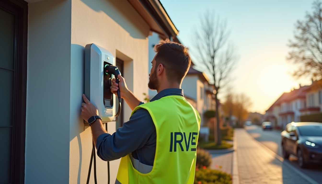 Technicien certifié IRVE en train d'installer une borne de recharge électrique à Levroux