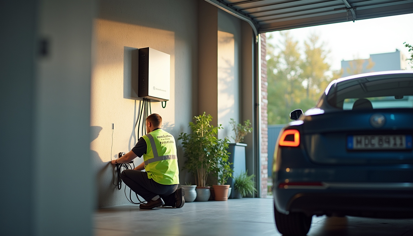 Technicien certifié IRVE en train d'installer une borne de recharge électrique dans un garage à Saint-Cannat