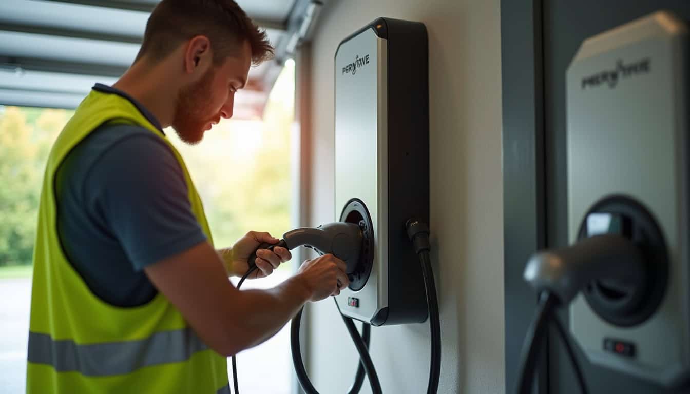 Technicien certifié IRVE en train d'installer une borne de recharge électrique dans un garage résidentiel