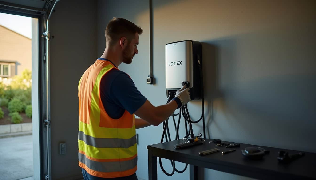Technicien certifié IRVE en train d'installer une borne de recharge électrique dans un garage