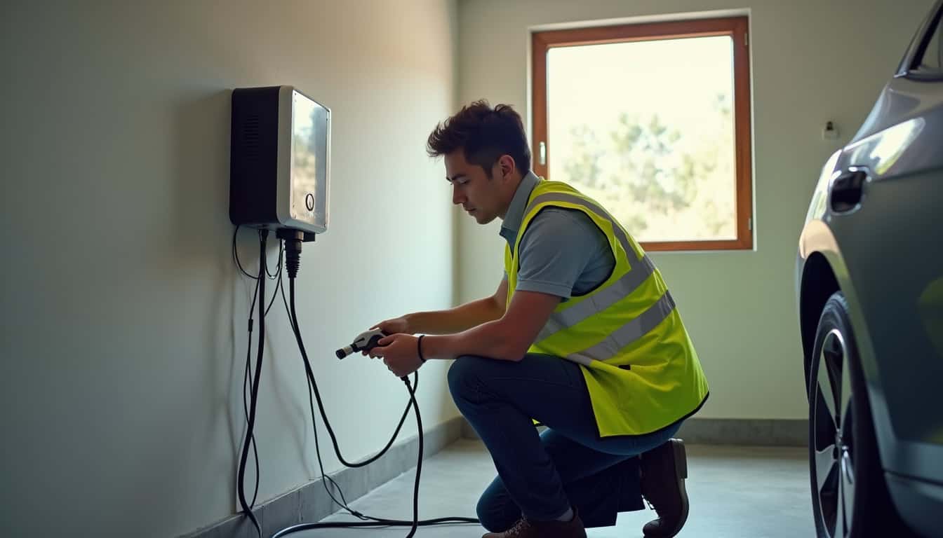 Technicien certifié IRVE en train d'installer une borne de recharge électrique dans un garage
