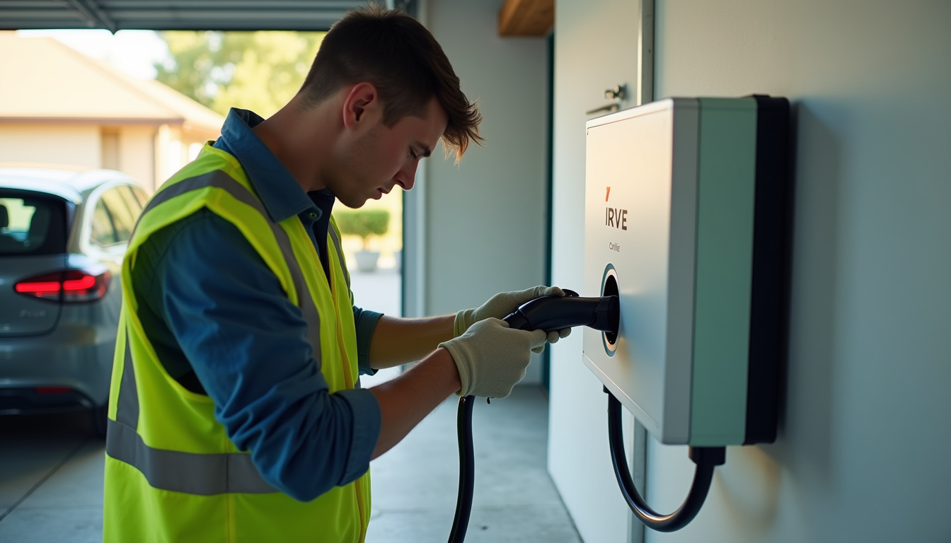 Technicien certifié IRVE en train d'installer une borne de recharge électrique dans un garage