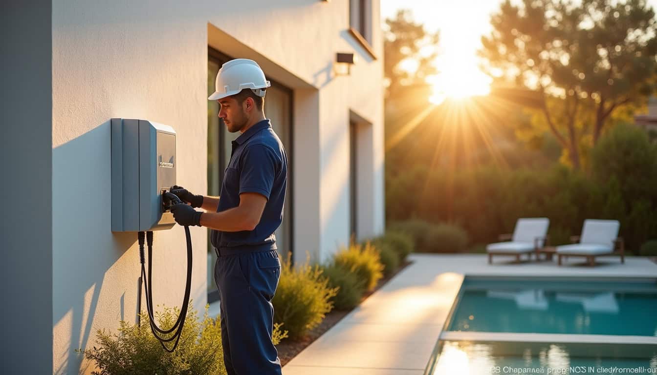 Technicien certifié IRVE en train d'installer une borne de recharge électrique dans une villa à Ramatuelle