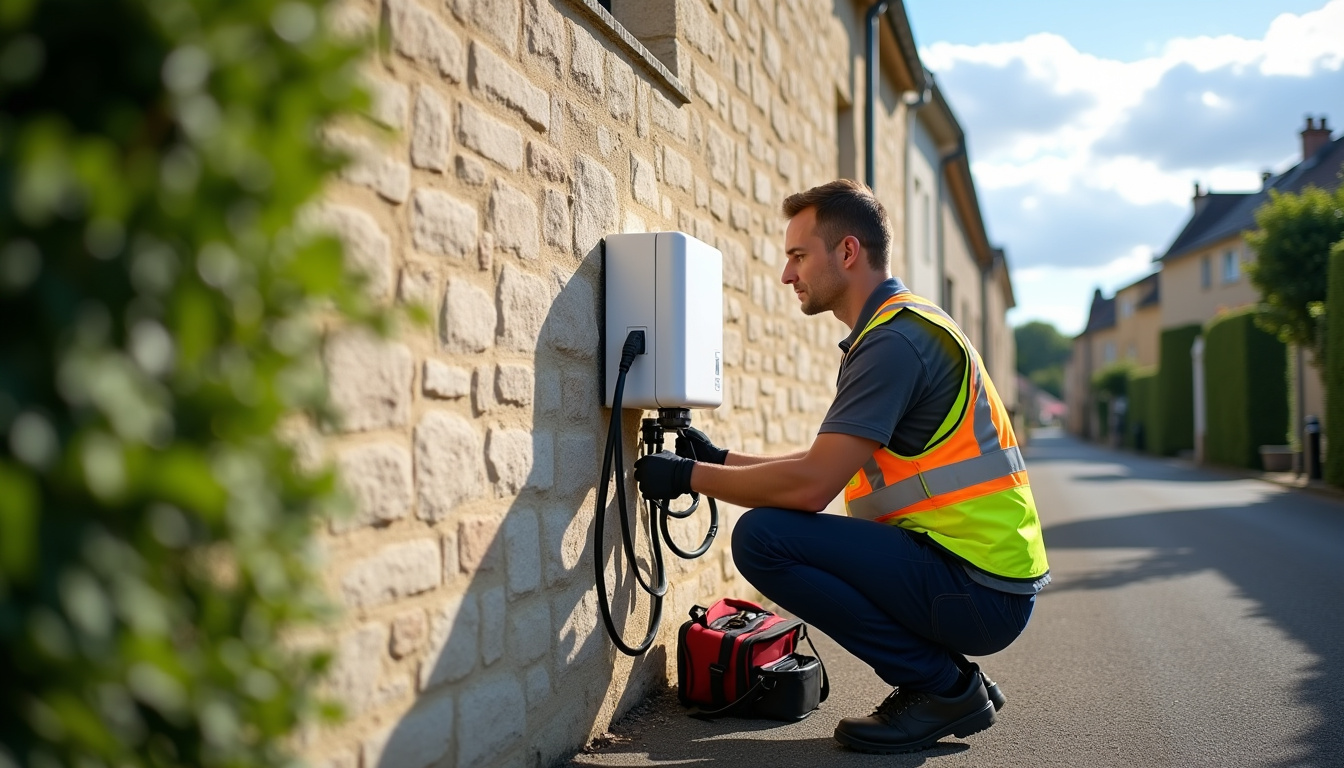 Technicien certifié IRVE en train d'installer une borne de recharge électrique sur un mur extérieur à Pîtres