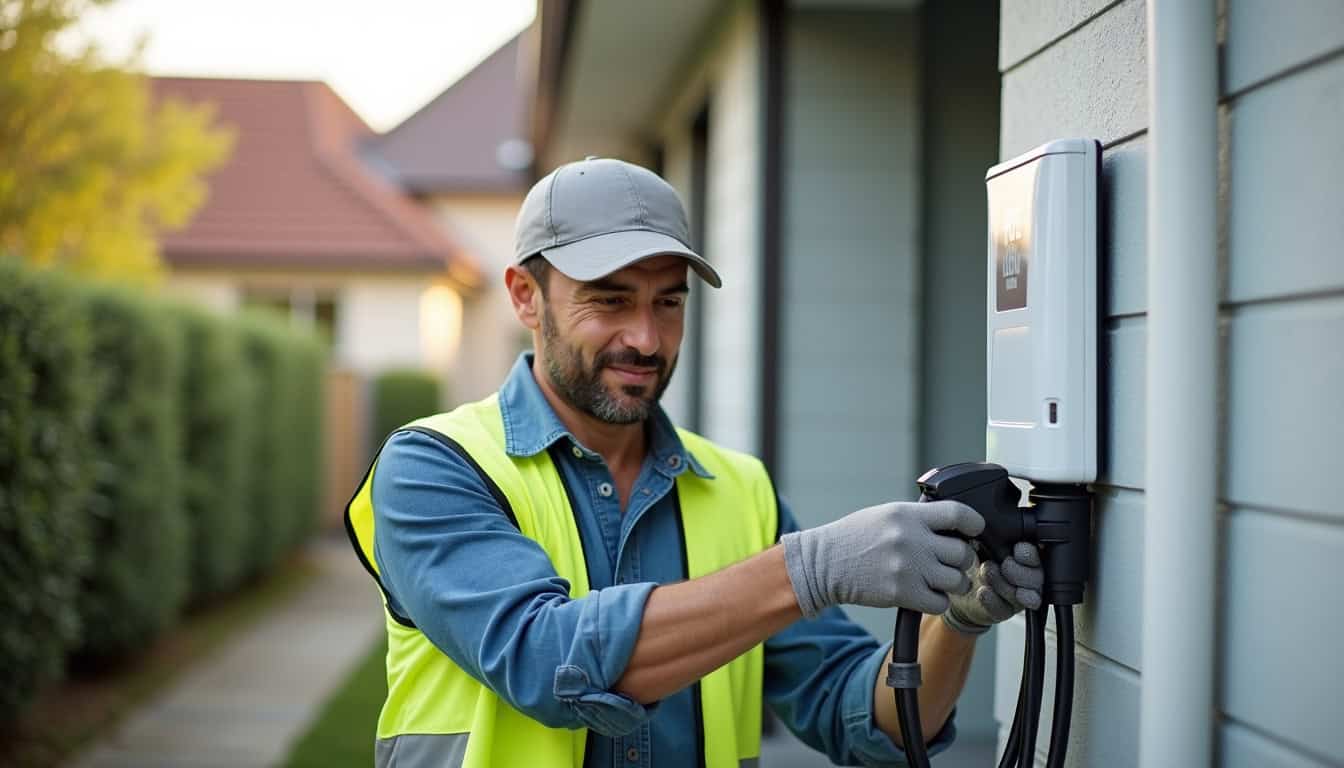 Technicien certifié IRVE en train d'installer une borne de recharge électrique