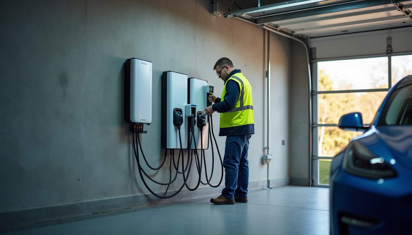 Technicien certifié IRVE en train d'installer une borne de recharge murale dans un garage