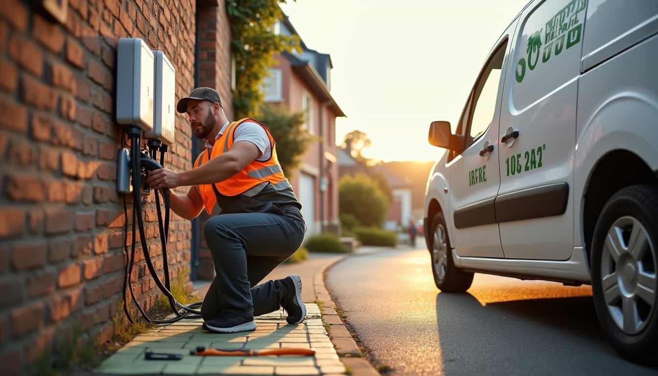 Technicien certifié IRVE en train d'installer une borne de recharge pour véhicule électrique à Neuf-Berquin
