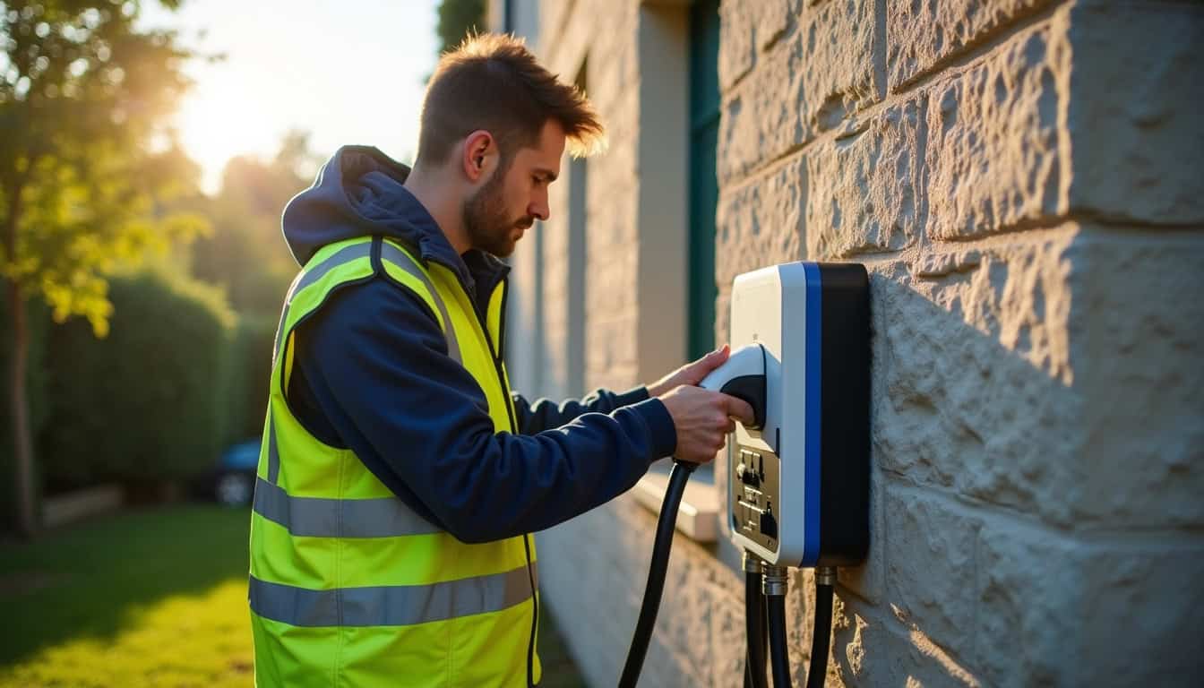 Technicien certifié IRVE en train d'installer une borne électrique à Saint-Ouen-de-Thouberville