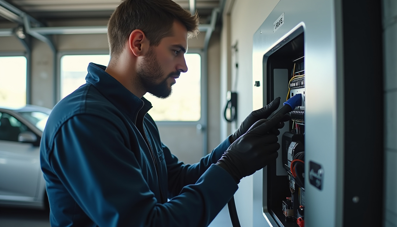 Technicien certifié IRVE en train d’installer une borne électrique dans un garage à Lésigny, vue sur le tableau électrique et les câblages