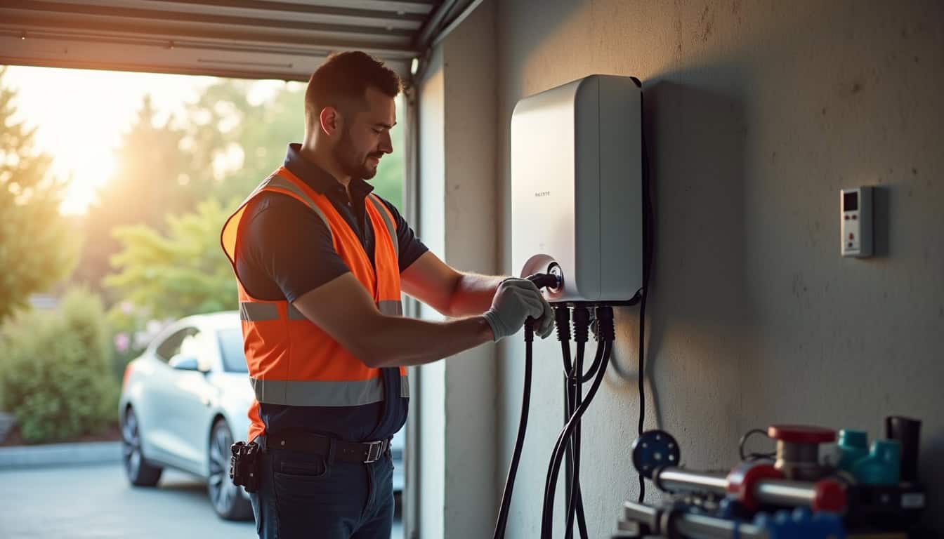 Technicien certifié IRVE en train d’installer une borne murale dans un garage à Vineuil