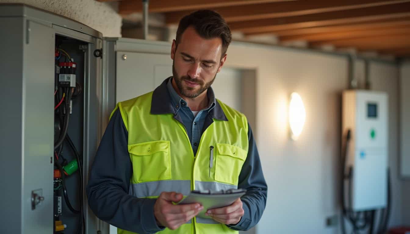 Technicien certifié IRVE réalisant un audit électrique avant l'installation d'une borne de recharge à Maulévrier-Sainte-Gertrude