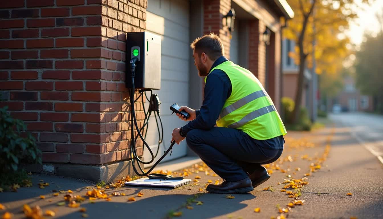 Technicien certifié IRVE vérifiant le fonctionnement d'une borne de recharge après installation