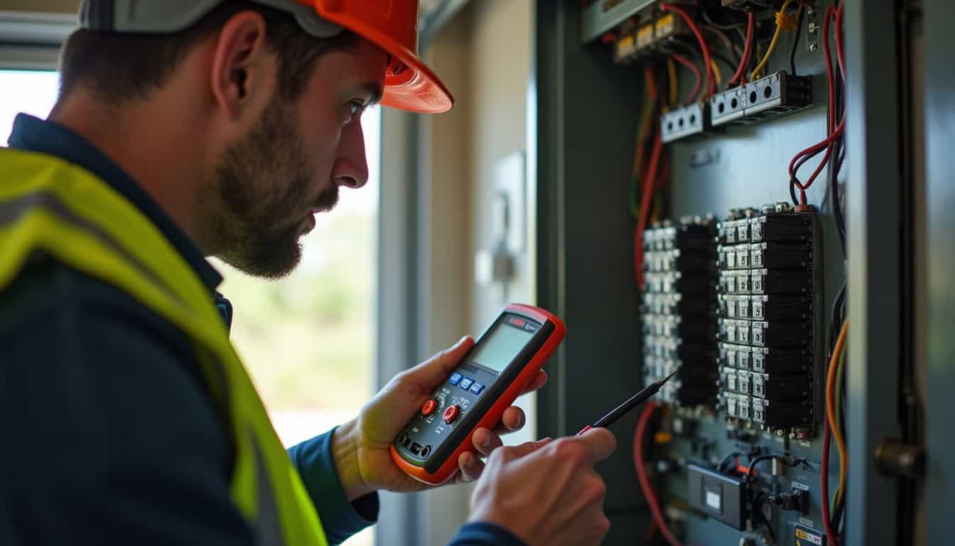 Technicien certifié IRVE vérifiant le tableau électrique avant installation d'une borne