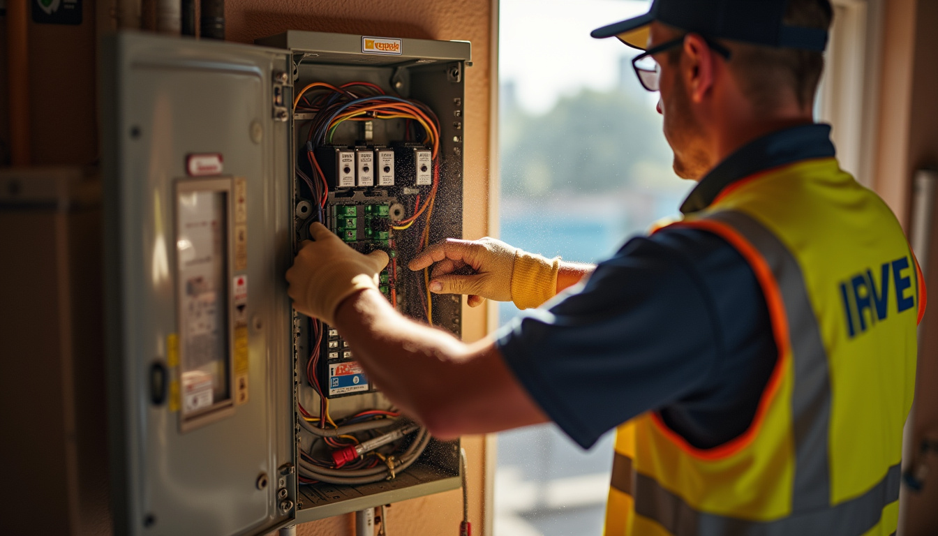 Technicien certifié IRVE vérifiant un tableau électrique à Santa-Lucia-di-Moriani