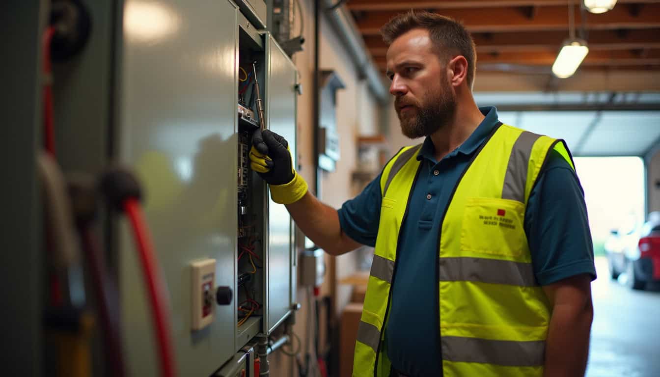 Technicien certifié IRVE vérifiant un tableau électrique avant installation d'une borne de recharge