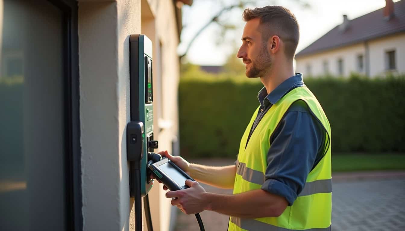 Technicien certifié IRVE vérifiant une borne de recharge électrique en Île-de-France
