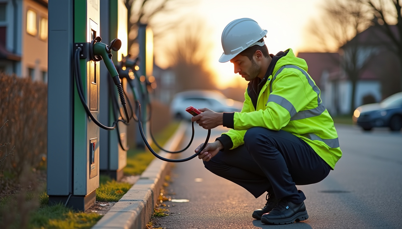 Technicien effectuant un contrôle annuel sur une borne de recharge à Moisdon-la-Rivière