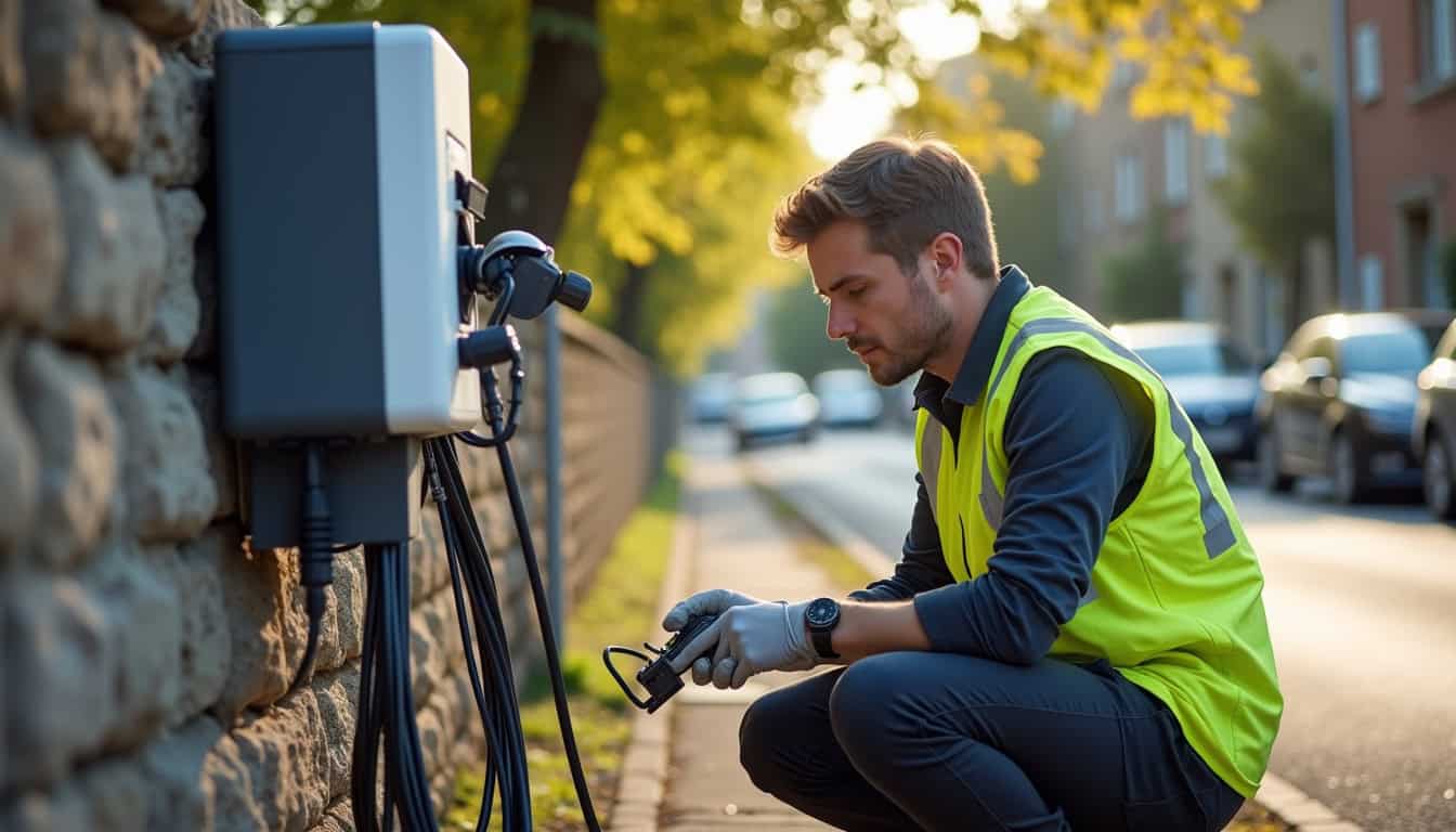 Technicien effectuant un contrôle de maintenance sur une borne de recharge à Arcueil