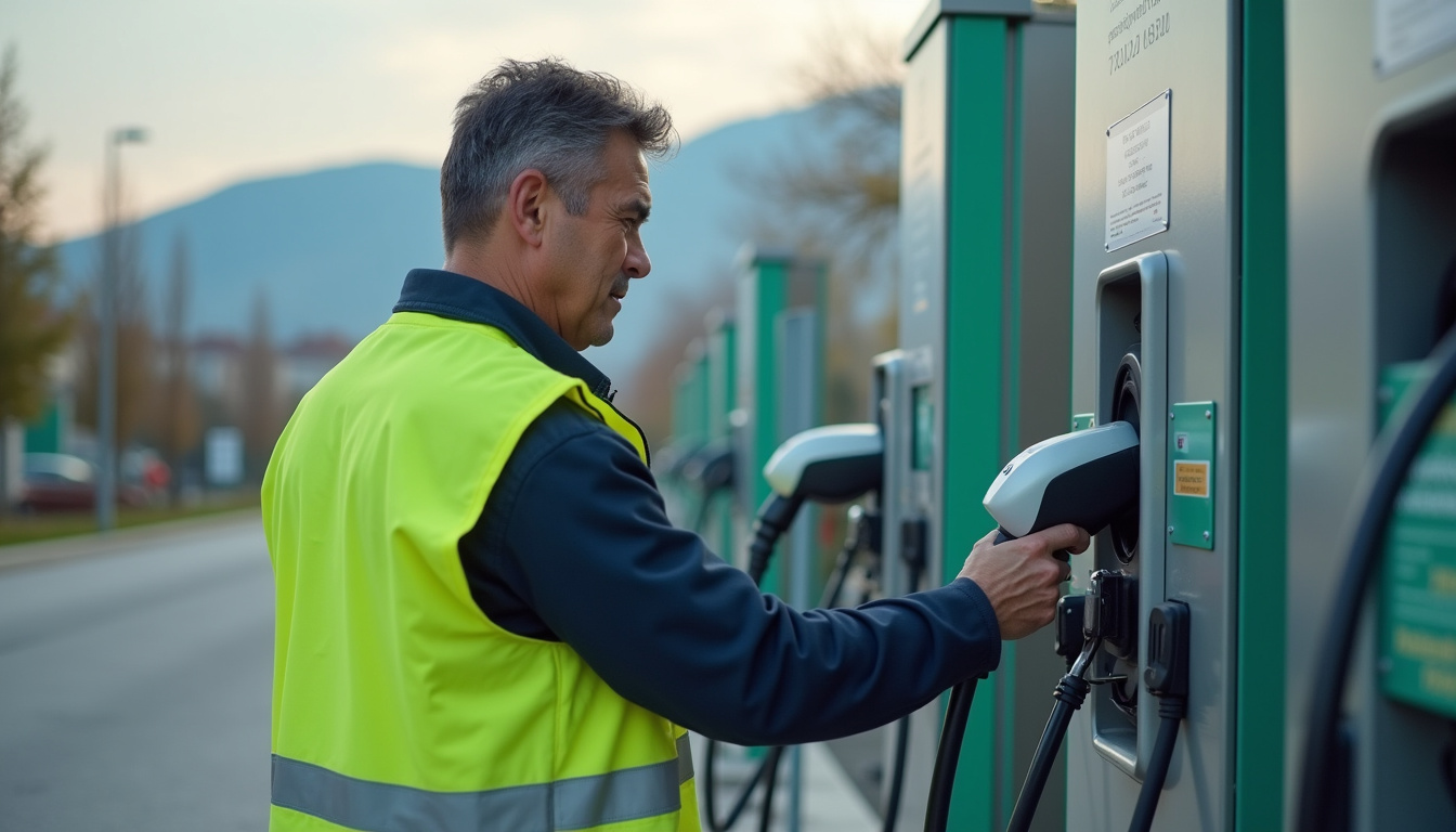Technicien effectuant un contrôle de maintenance sur une borne de recharge à Ceyzériat